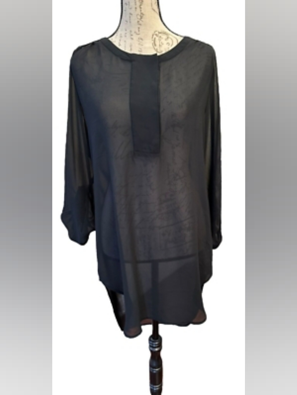 MOSSIMO Womens Large Black SEMI SHEER TUNIC Blouse Top Roll Tab Sleeves